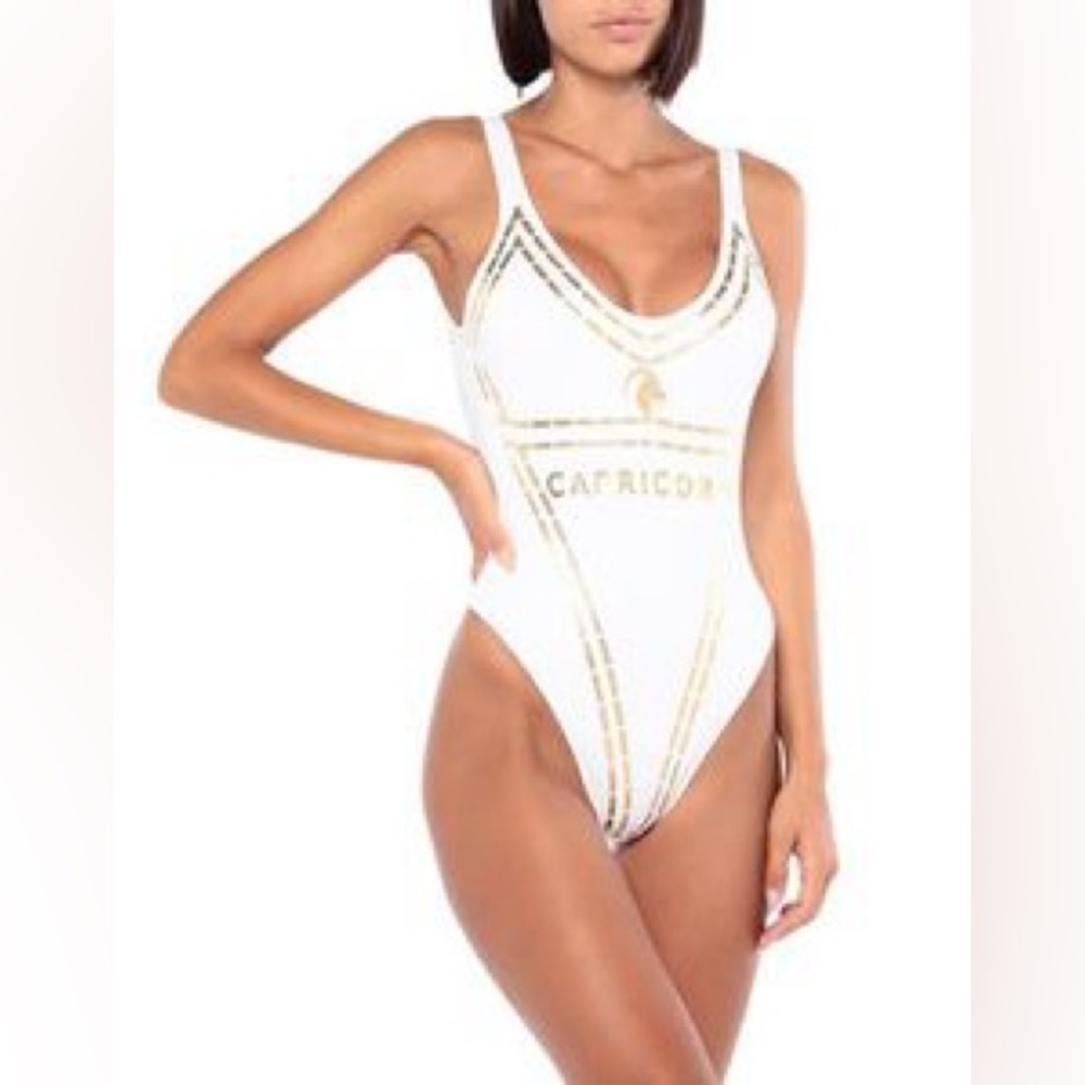NWT Agogoa Classic White One Piece Swimsuit Gold Capricorn Zodiac US size M
